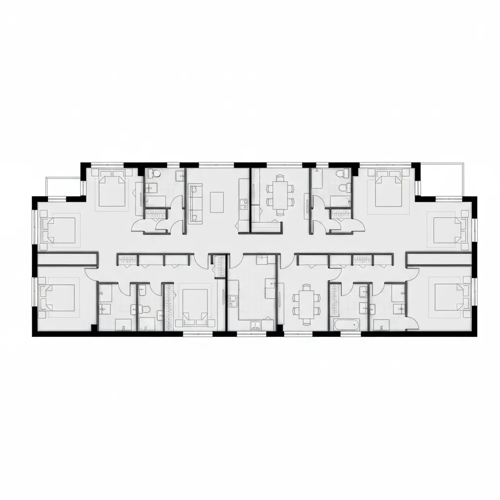Black and white 2D floor plan showing multiple rooms with beds, tables, and bathroom fixtures