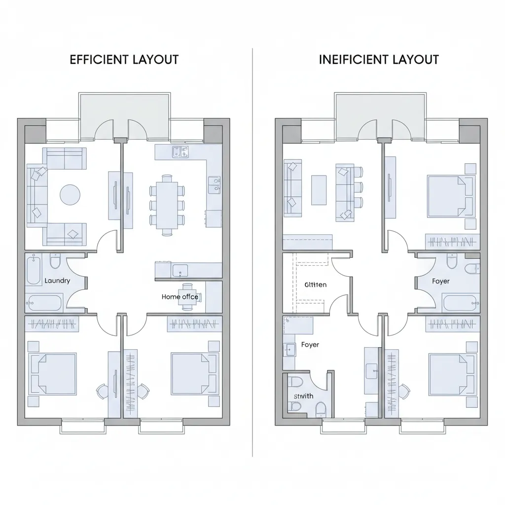Side by side comparison showing an efficient house floor plan and an inefficient house layout