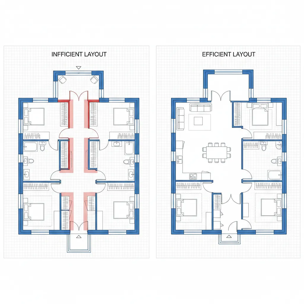 Side by side comparison of inefficient and efficient room layouts showing bedroom and living areas