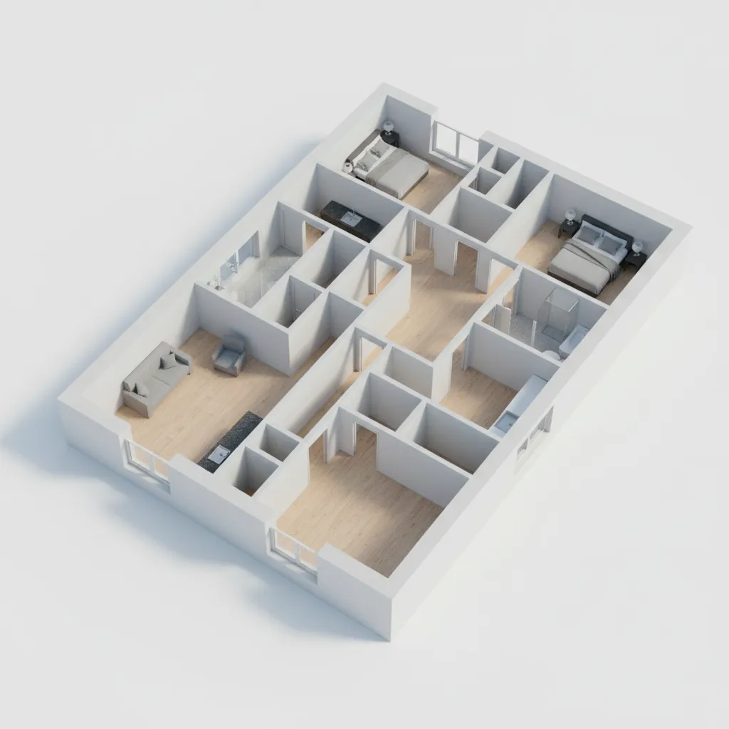 Isometric interior design drawing of modern house layout with wood floors and two grey beds