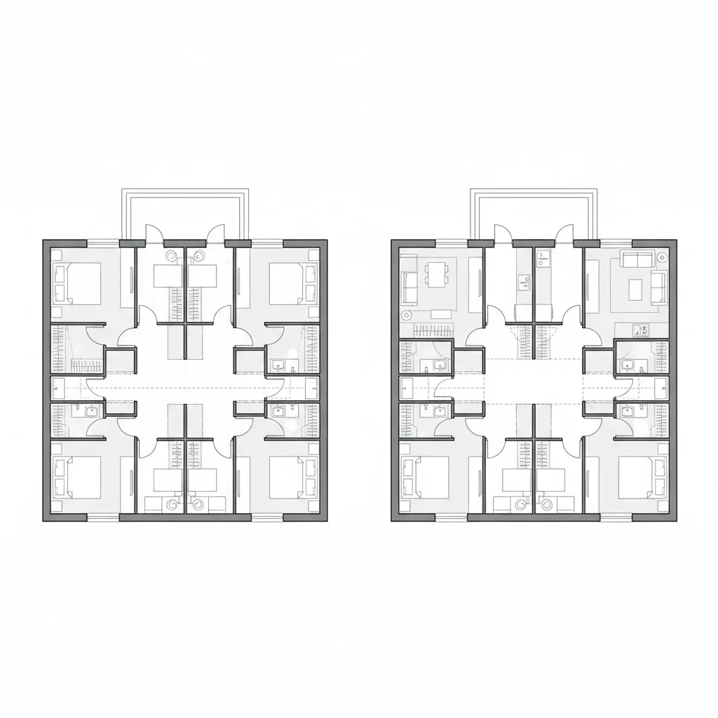 Comparison of two interior design drawing layouts showing different furniture arrangements for a home plan