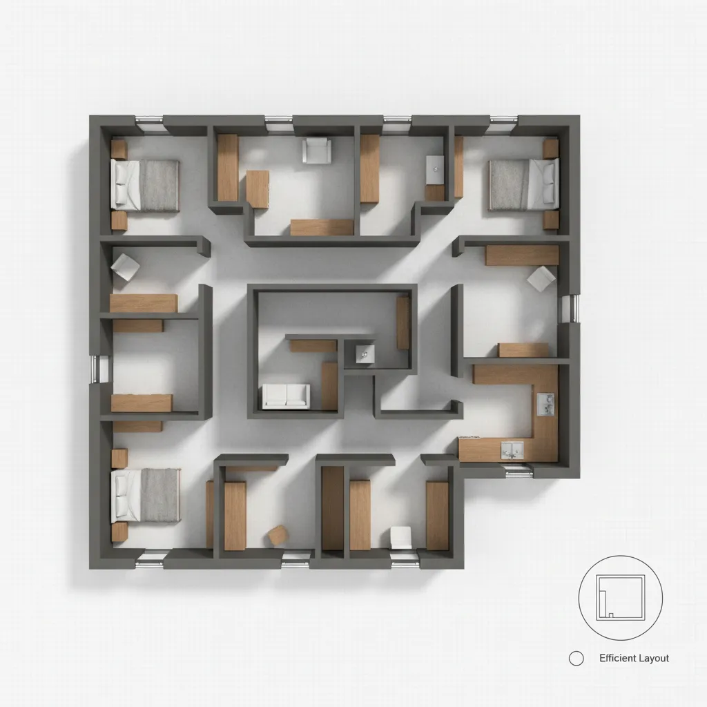 Top down interior design drawing of a large floor plan with many bedrooms and office desks