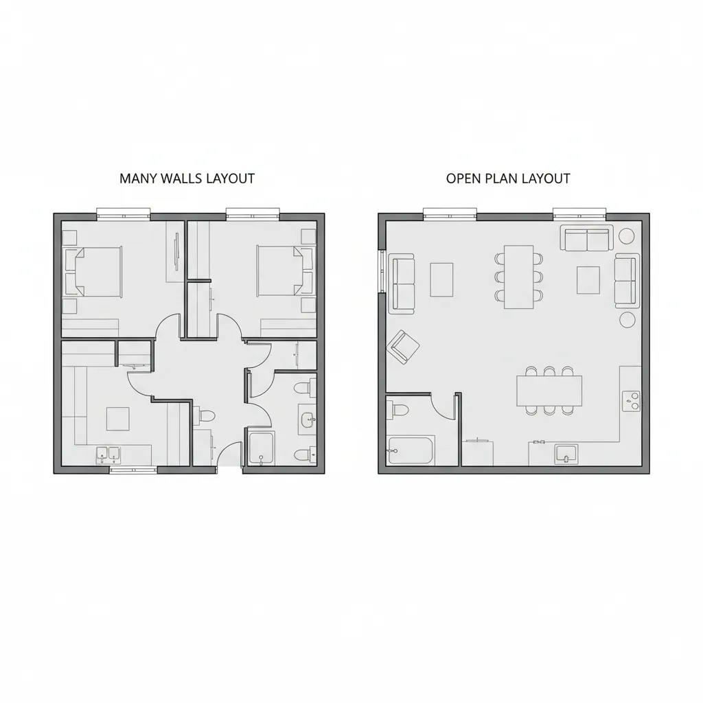 Perbandingan denah rumah kecil dengan banyak sekat dan konsep terbuka