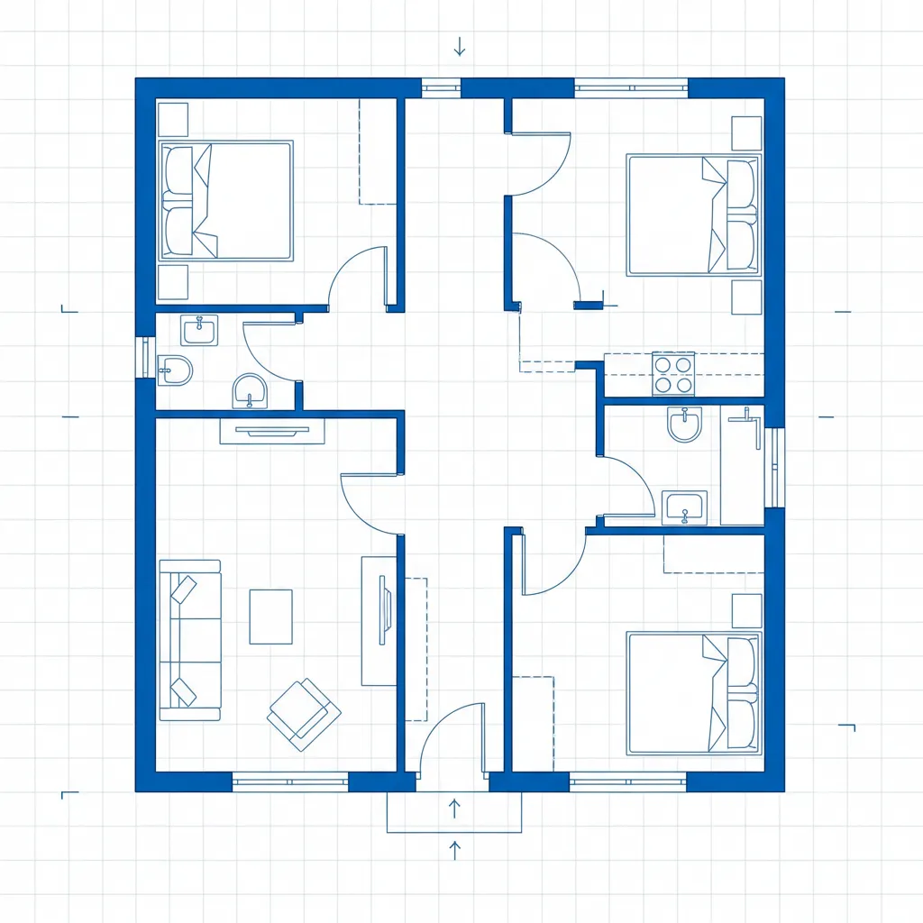 Blue and white house floor plan on grid paper with three bedrooms and living room