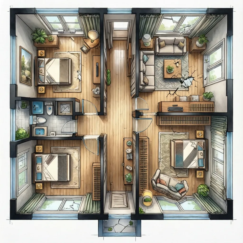Colorful house floor plan sketch with three bedrooms, living room, wooden floor, and central hallway