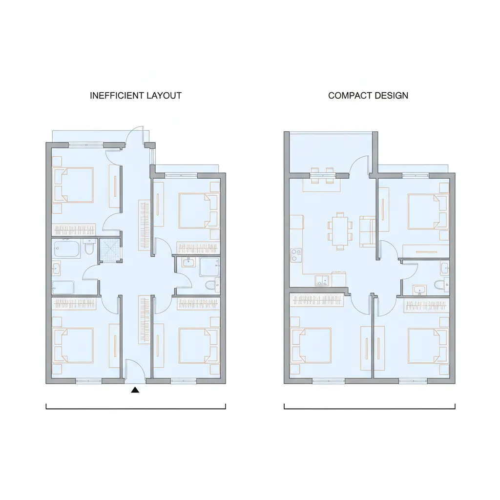 Comparison between an inefficient floor plan and a compact functional room layout for a home