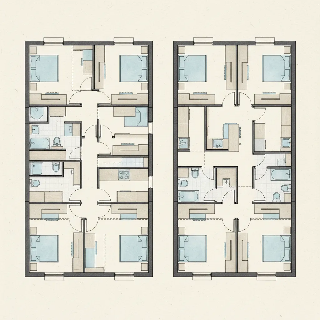 Comparison showing two different floor plan layout designs for a small home with multiple rooms