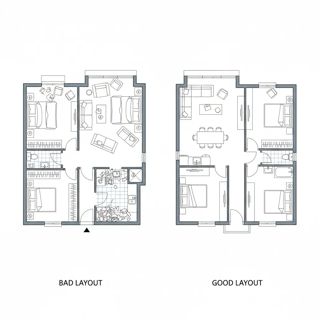 Side by side comparison showing a messy house floor plan and an organized room layout design