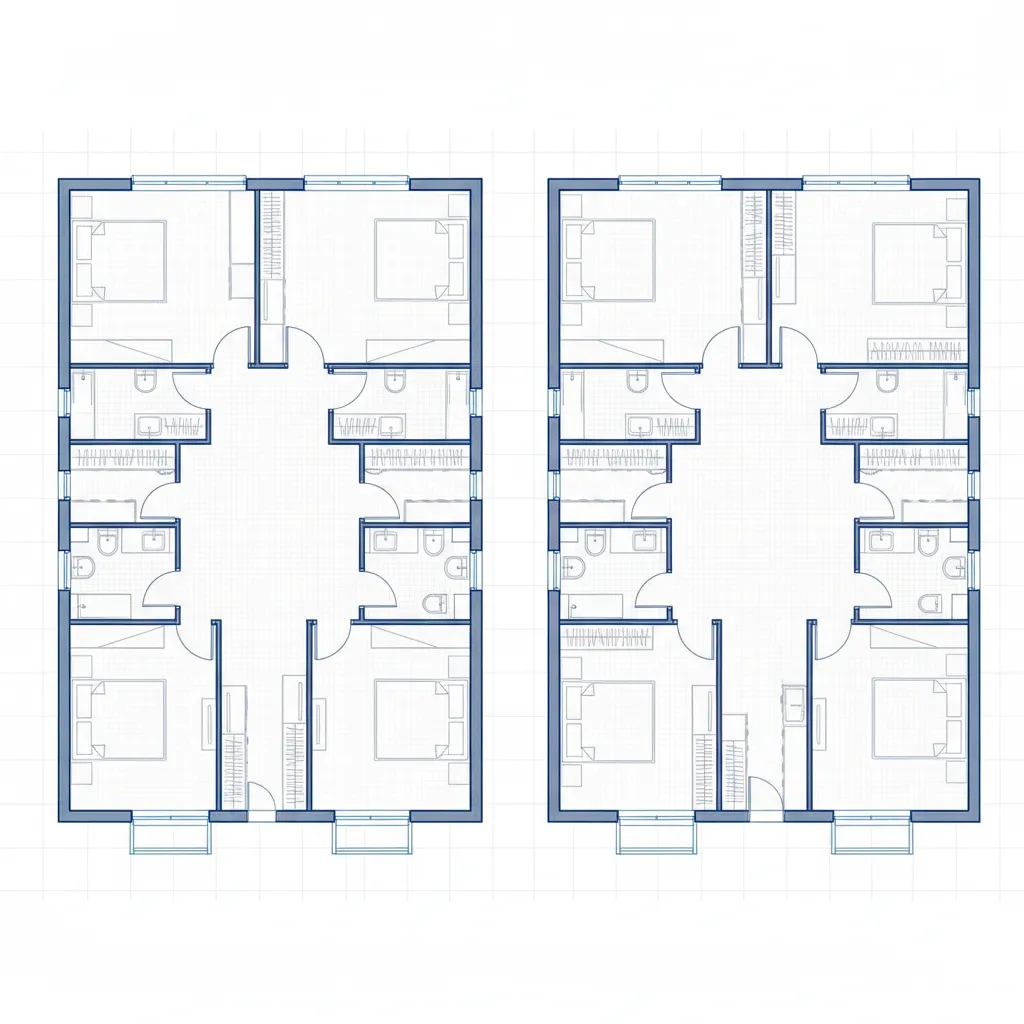 Side by side blue interior design drawings showing a house layout with many small rooms