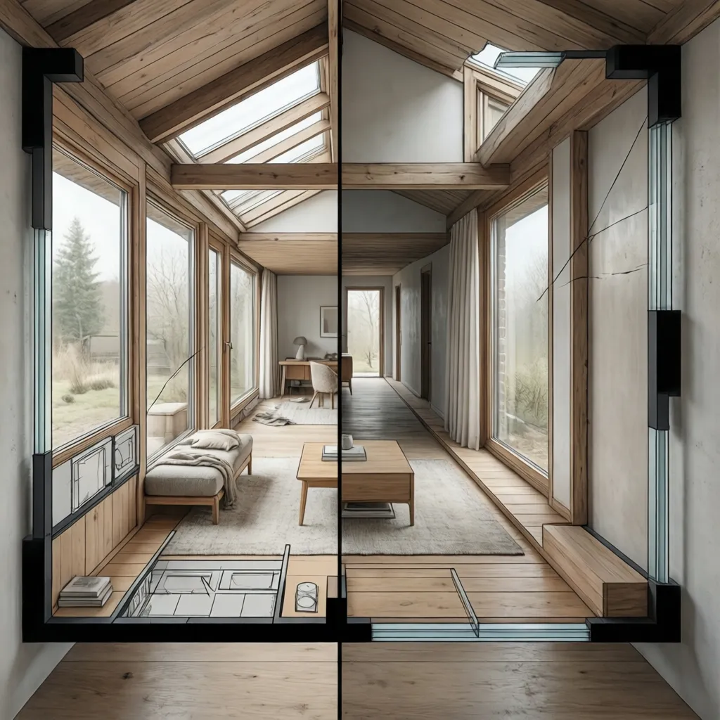 Interior design drawing showing comparison between hand drawn sketch and modern living room design layout
