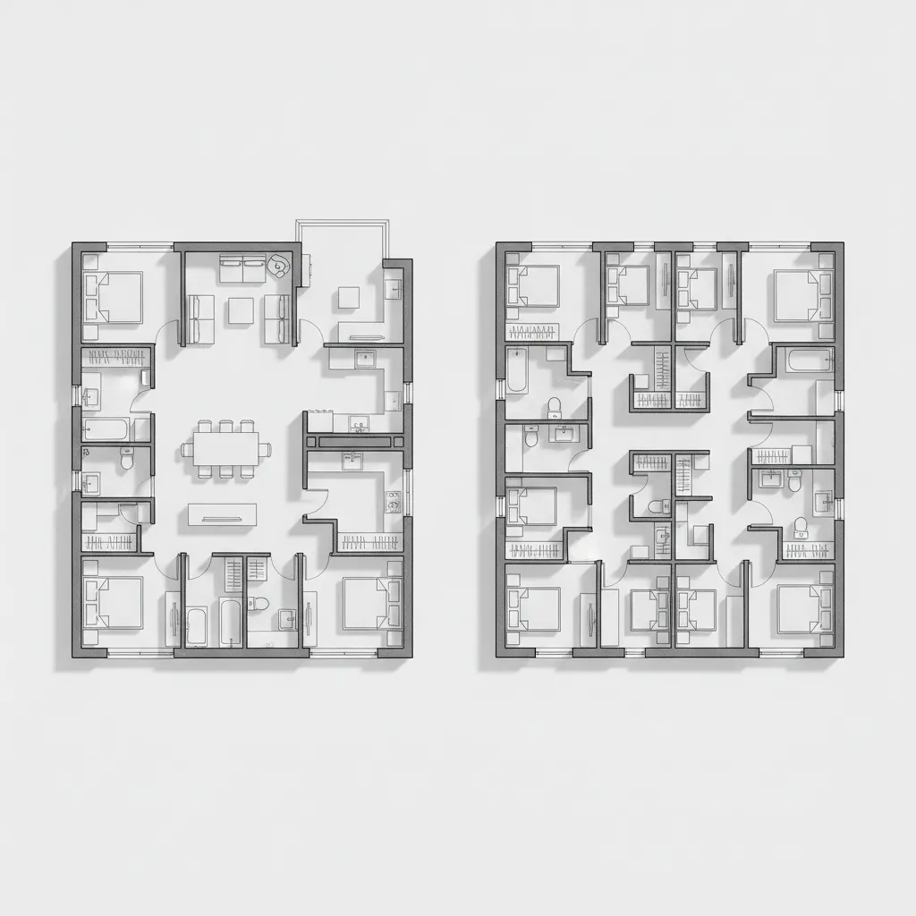 Ilustrasi denah rumah kecil dengan terlalu banyak ruangan