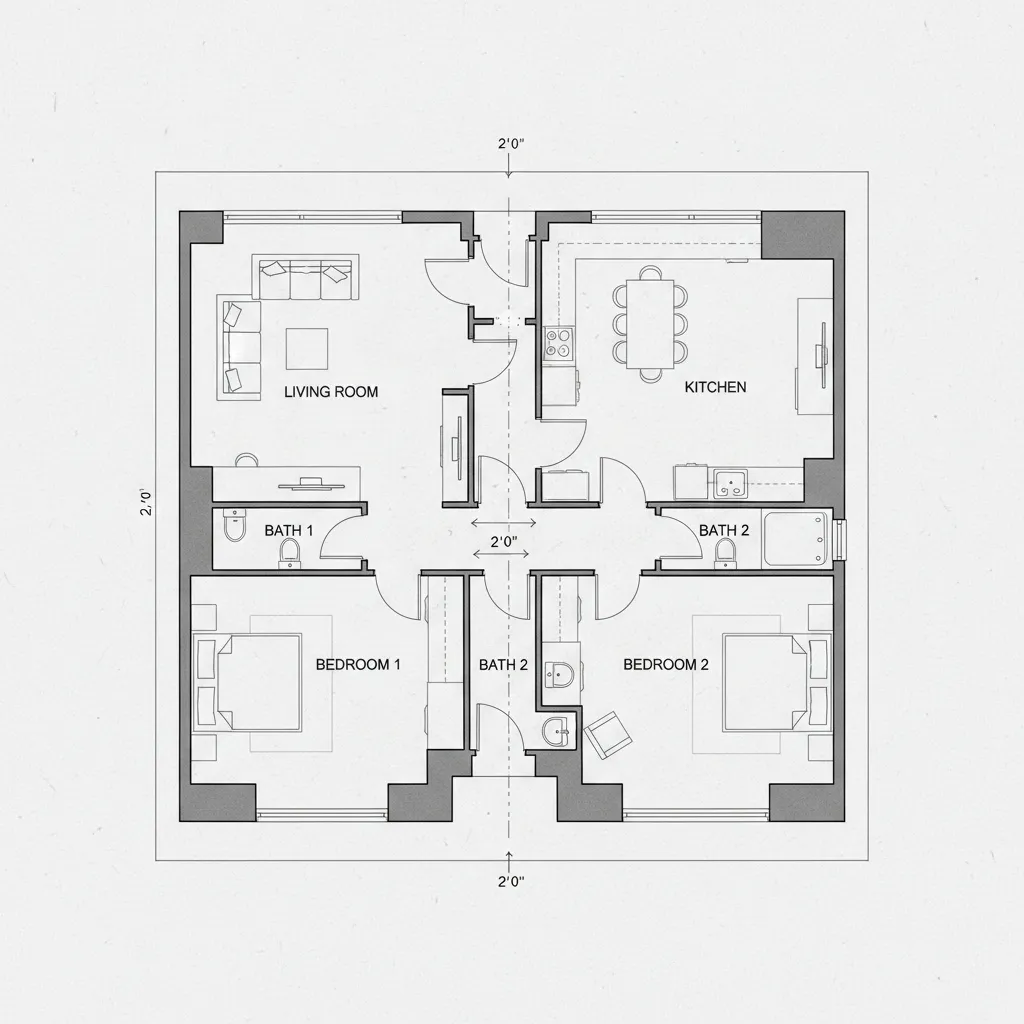 Simple floor plan showing two bedrooms two bathrooms a kitchen and a living room layout