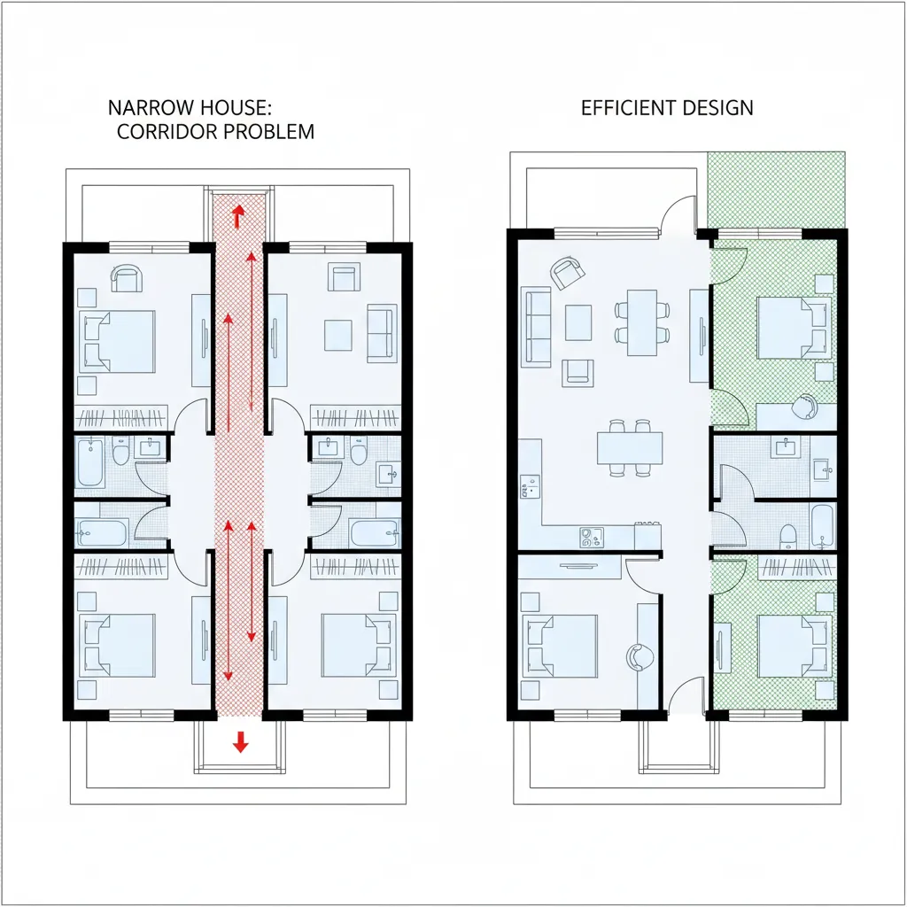 Contoh denah rumah memanjang dengan terlalu banyak koridor