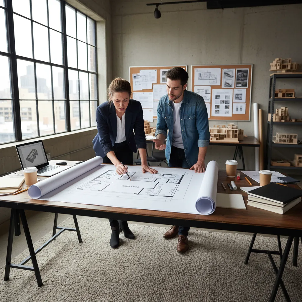 Two designers discussing a large house floor plan on a wooden table in office setting