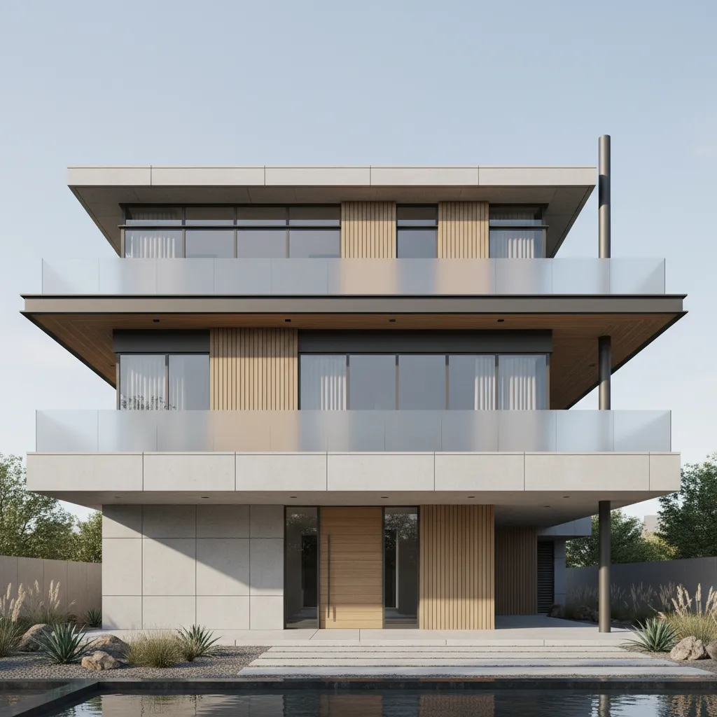 Modern house exterior with glass balconies wood wall panels large windows and clear swimming pool