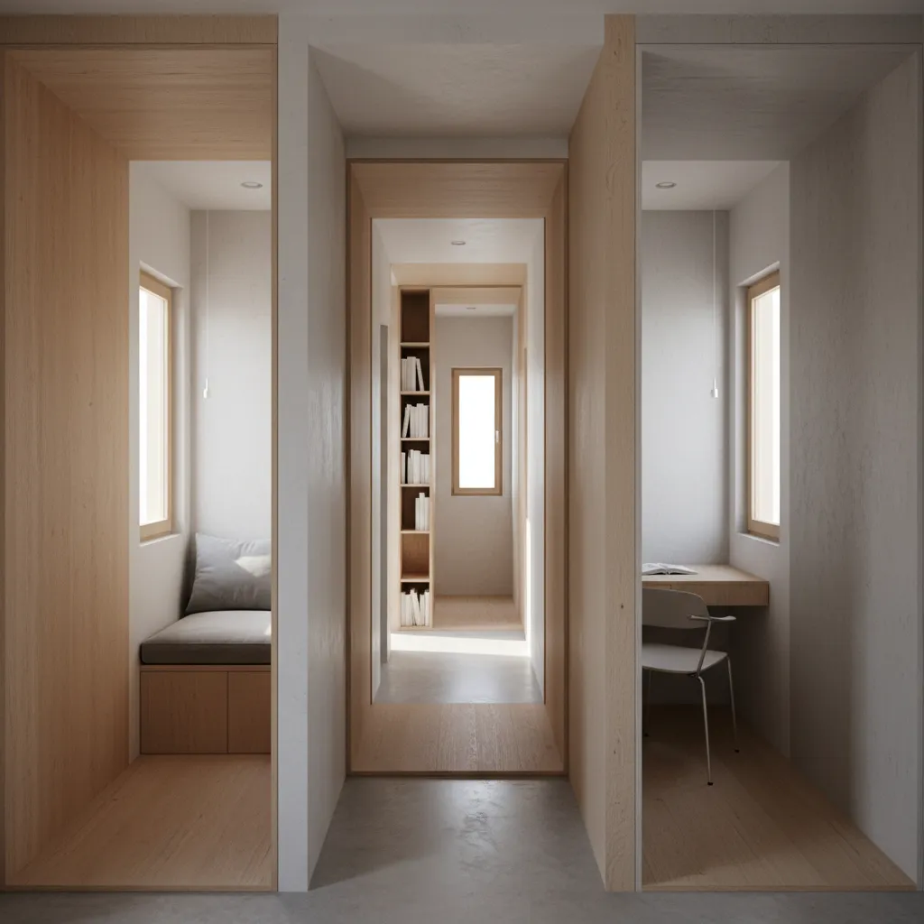 Minimalist hallway with wooden wall panel, window seat, study desk, bookshelf, and clean white walls