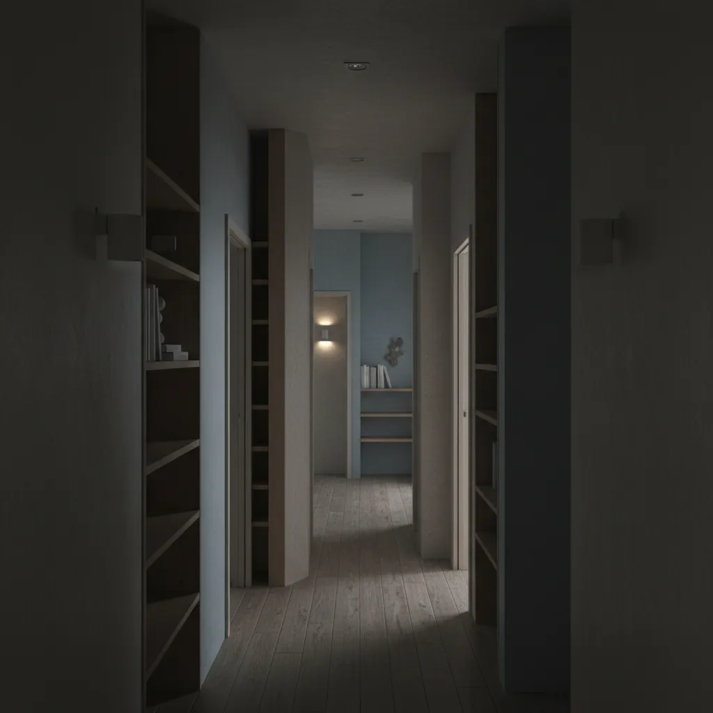 Minimalist dark hallway featuring wooden floors blue walls tall bookshelves and small wall lights inside