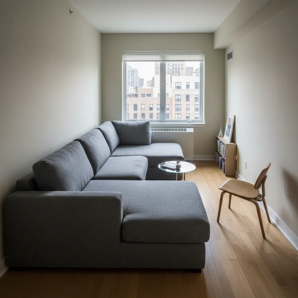 Ruang tamu kecil dengan furnitur terlalu besar