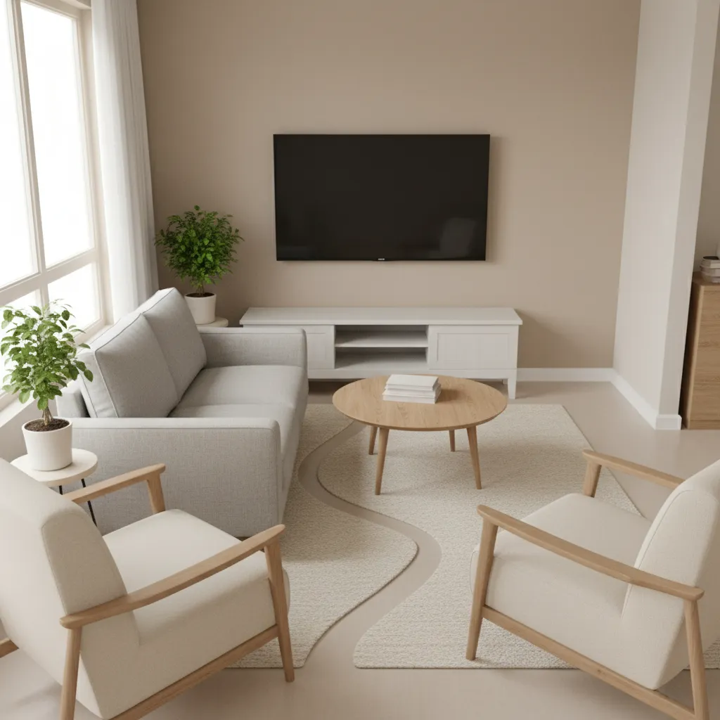 Contoh layout ruang tamu dengan jarak furnitur terlalu sempit