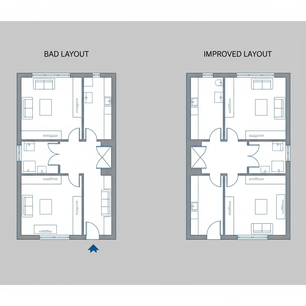 Ilustrasi kesalahan layout rumah dengan lorong sempit dan pintu bertabrakan