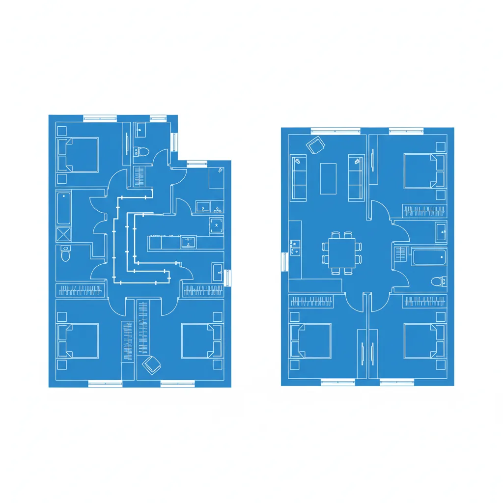 Two blue and white flat house floor plan drawings showing different room layouts and furniture