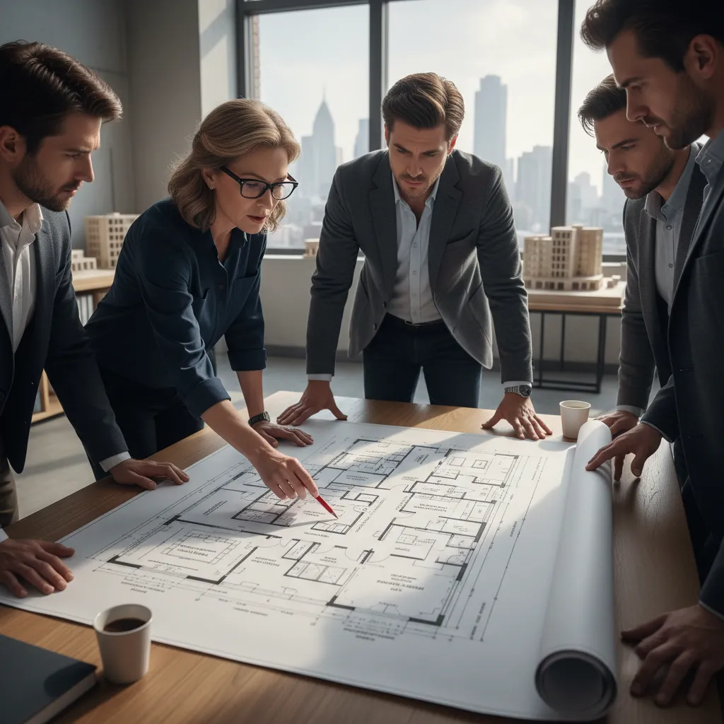 Professional team discussing a large paper room layout on a table in a modern office
