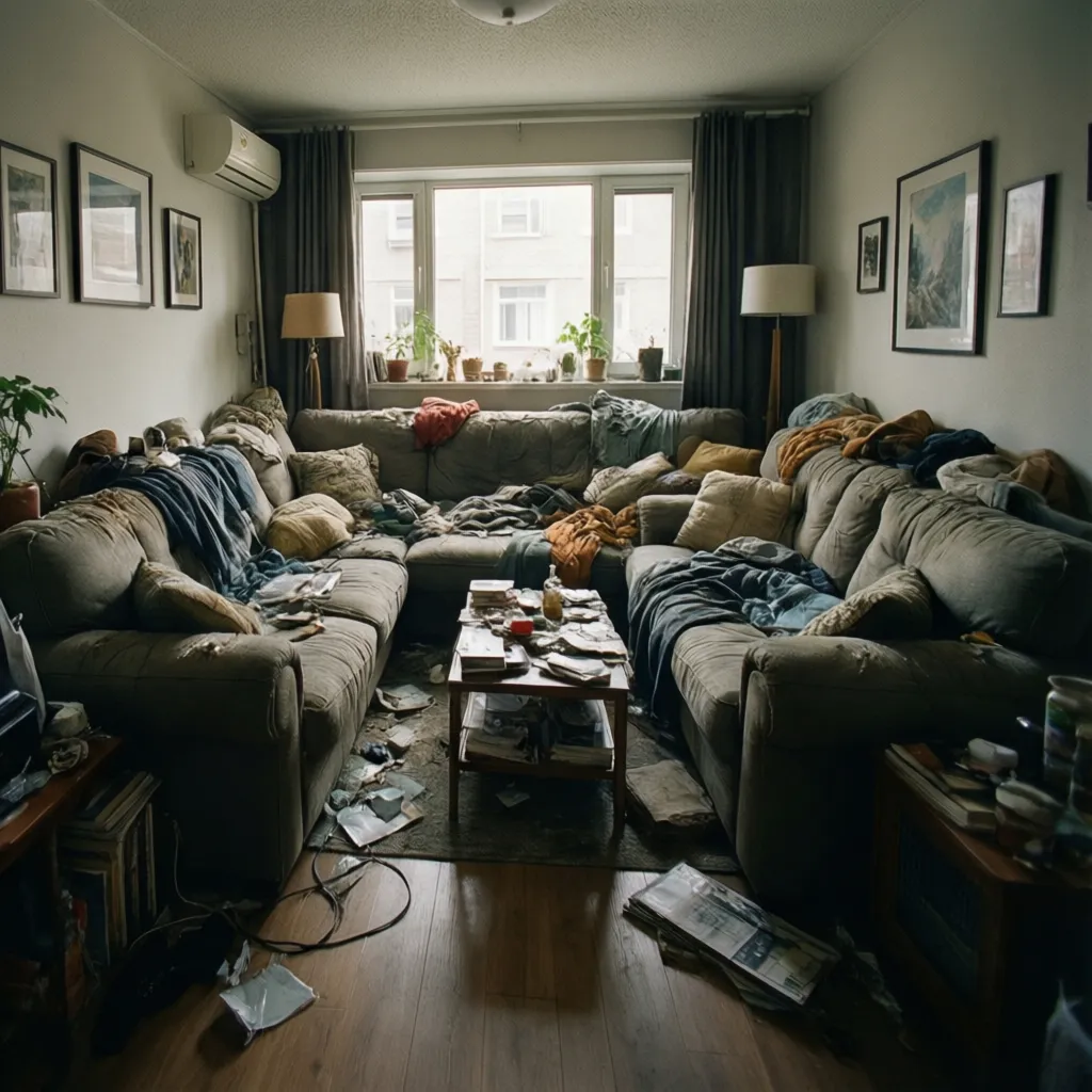 Ilustrasi ruang tamu kecil dengan furnitur terlalu besar