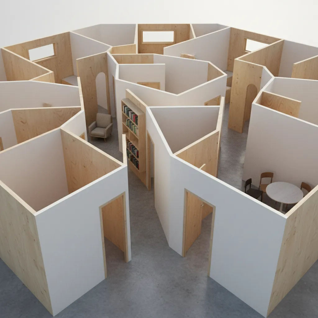 Interior design drawing of complex house layout with wood panel walls small rooms and furniture