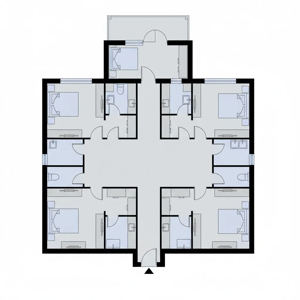 Symmetrical interior design drawing showing five bedrooms and four bathrooms around a large central hallway