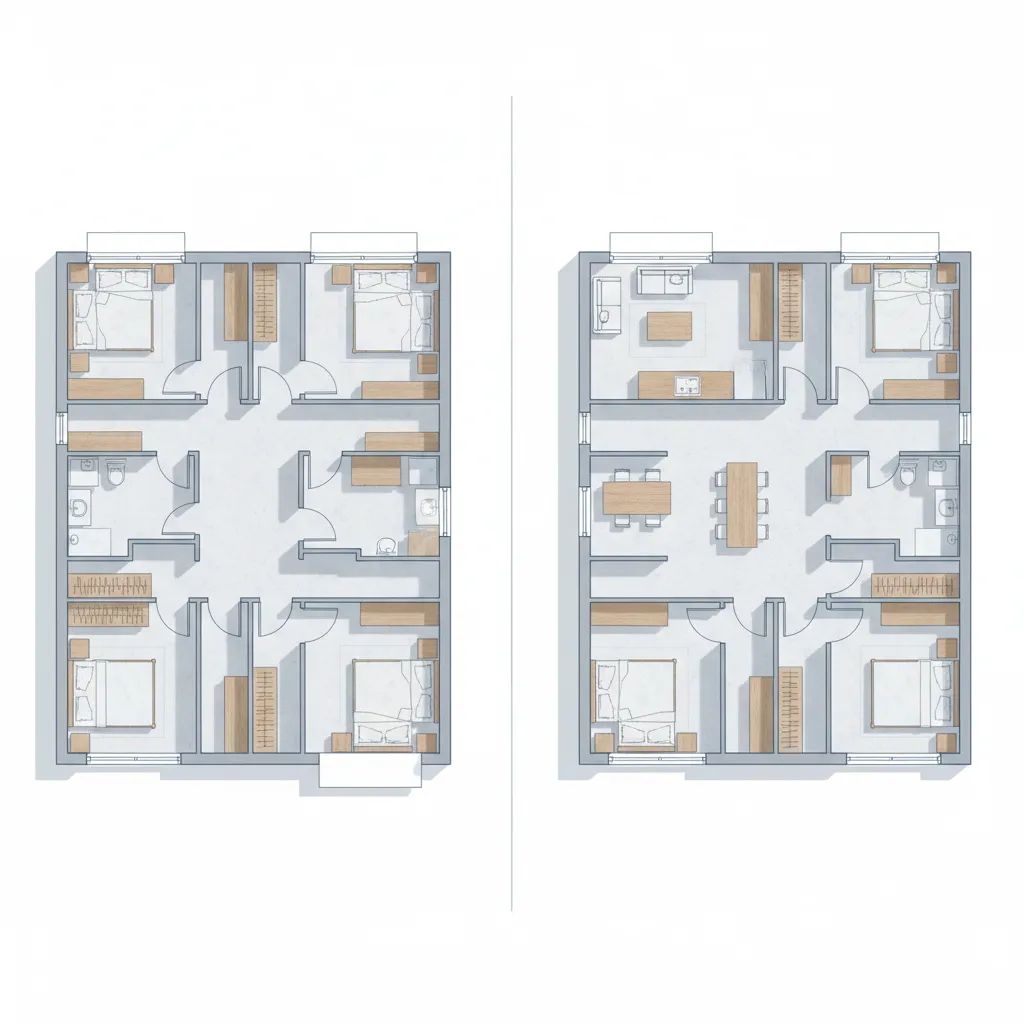 Ilustrasi layout rumah kecil dengan sekat berlebihan