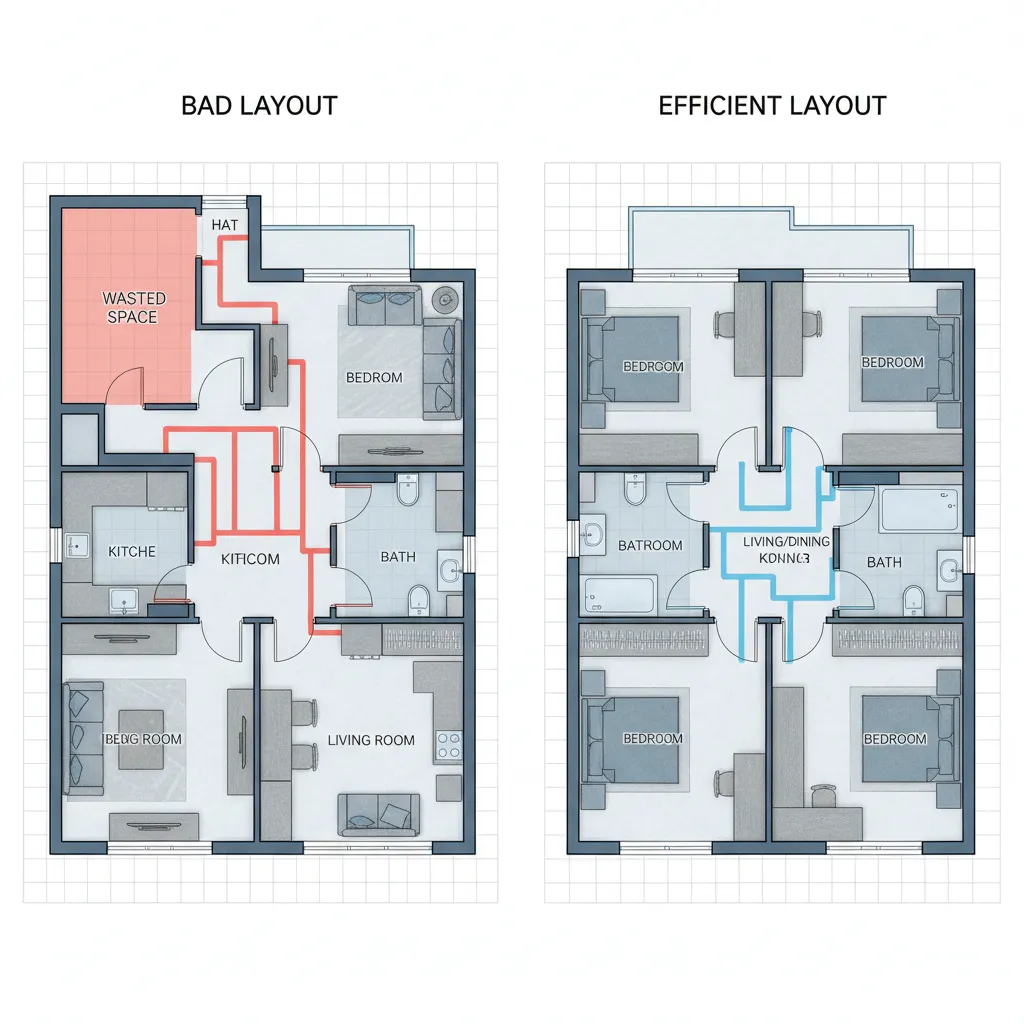 Perbandingan layout rumah kecil yang buruk dan efisien