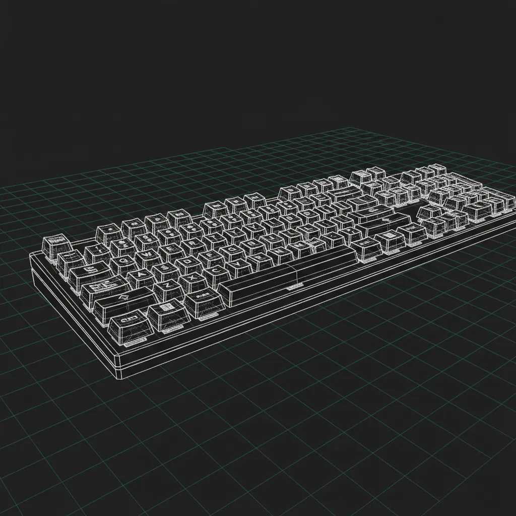 Wireframe view of a mechanical keyboard 3D model showing polygon topology
