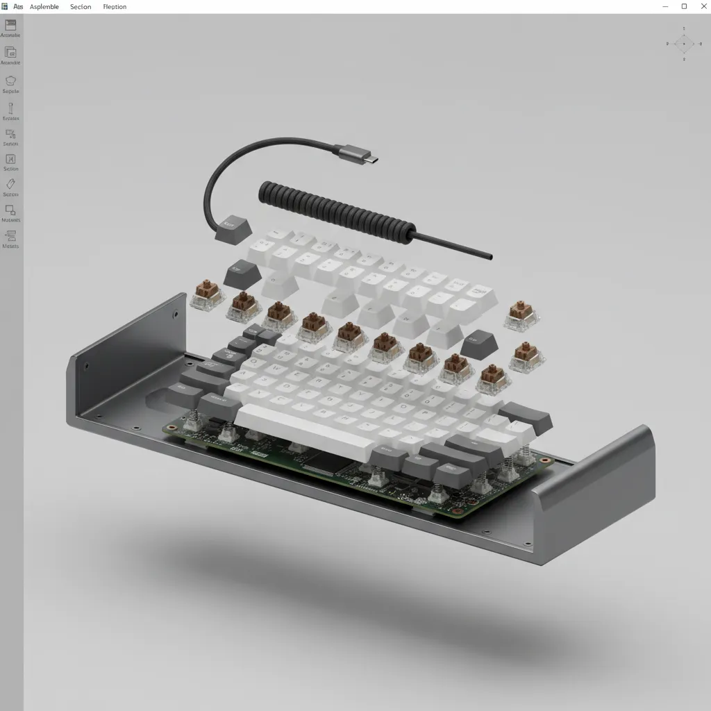 3D mechanical keyboard model with visible switches and keycaps in modeling software