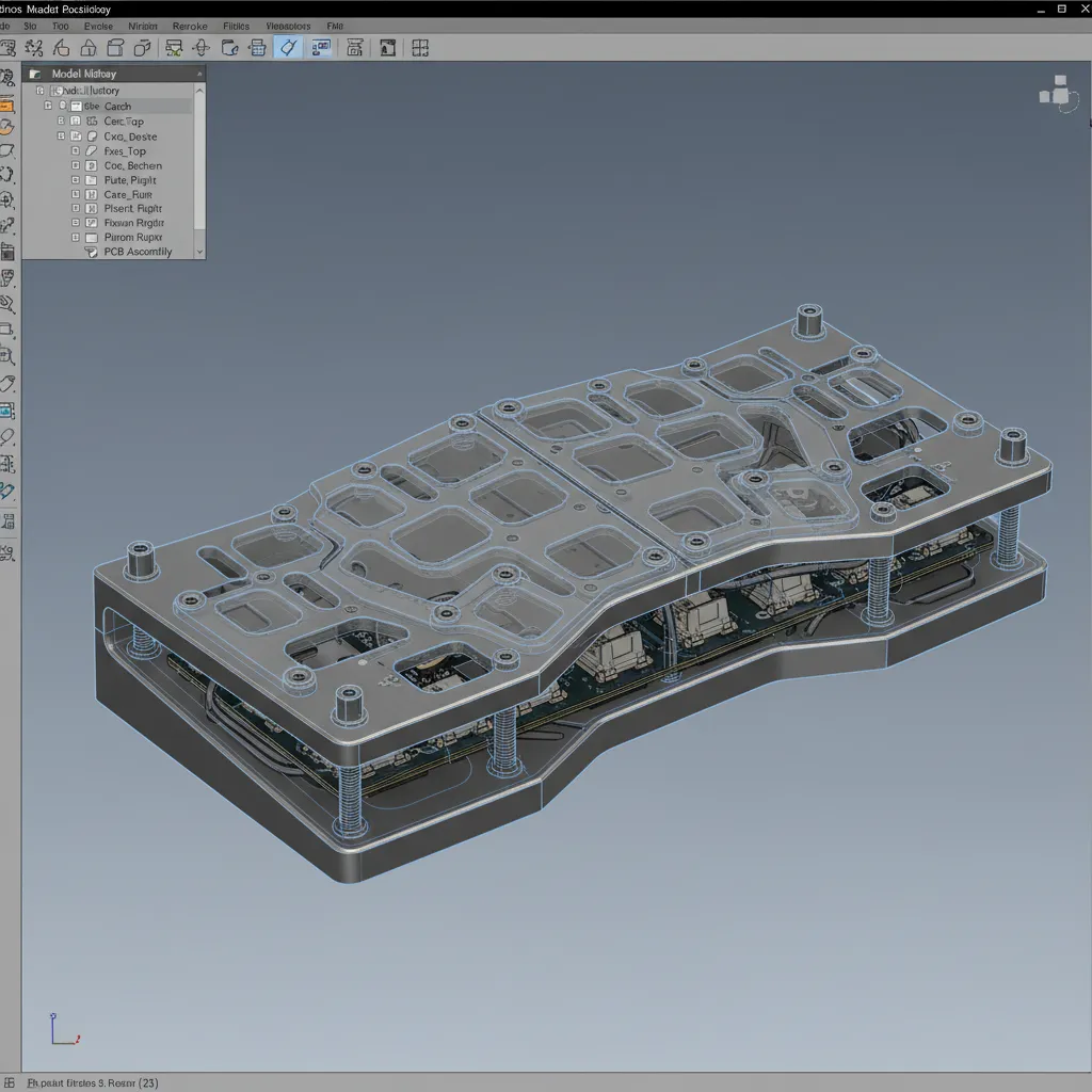 CAD model of a mechanical keyboard case with mounting points and internal structure