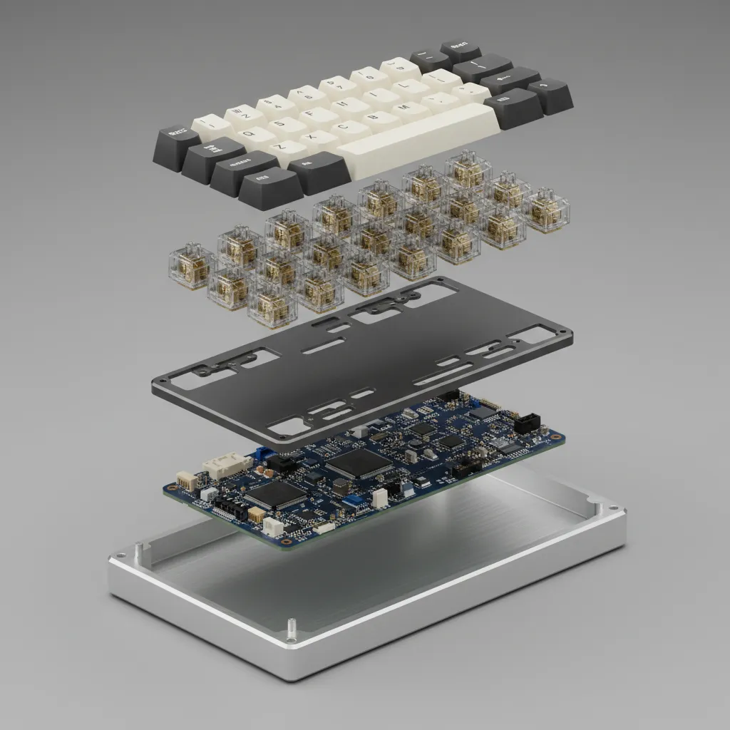 exploded view of mechanical keyboard components case plate pcb switches and keycaps