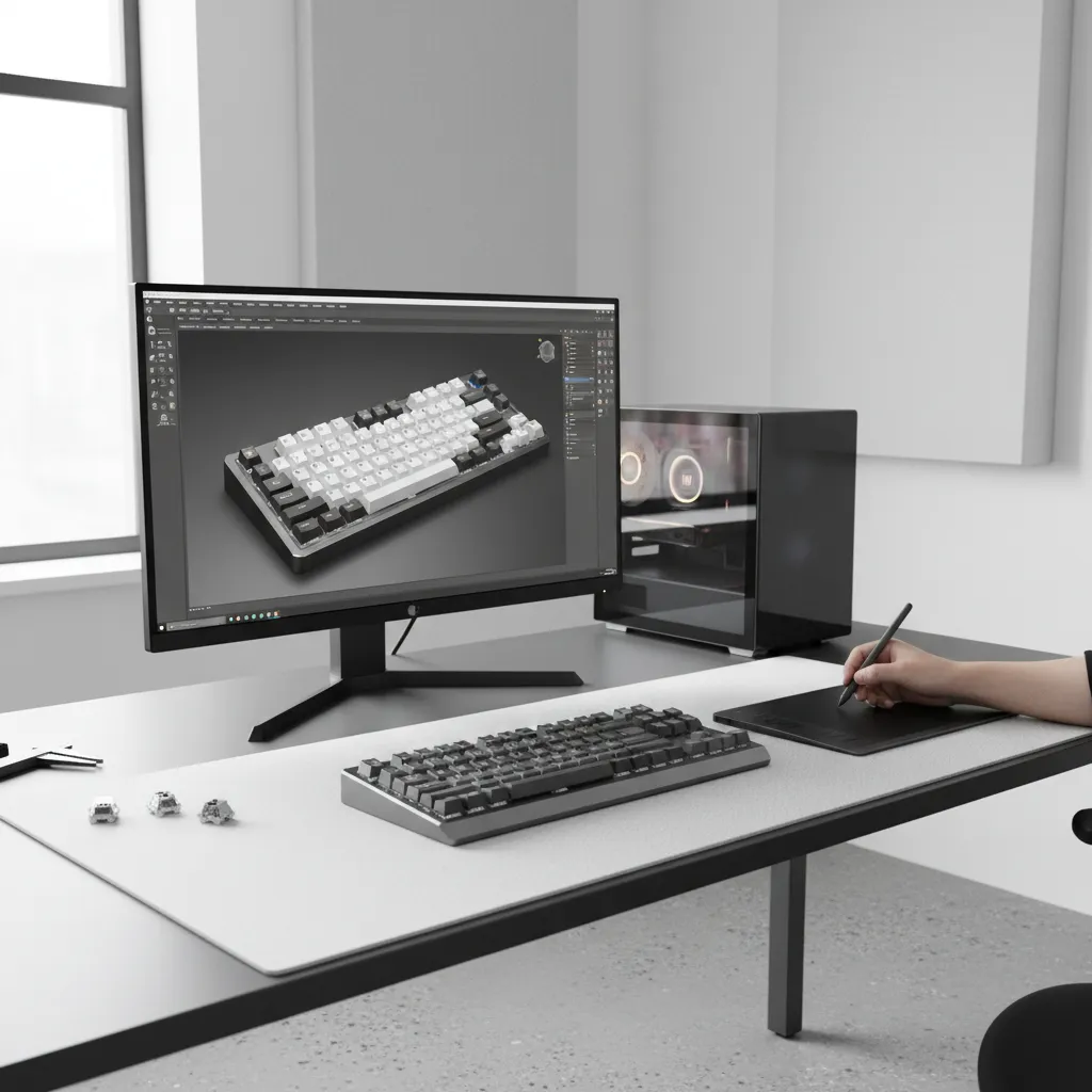 3D concept model of a mechanical keyboard on a designer workstation