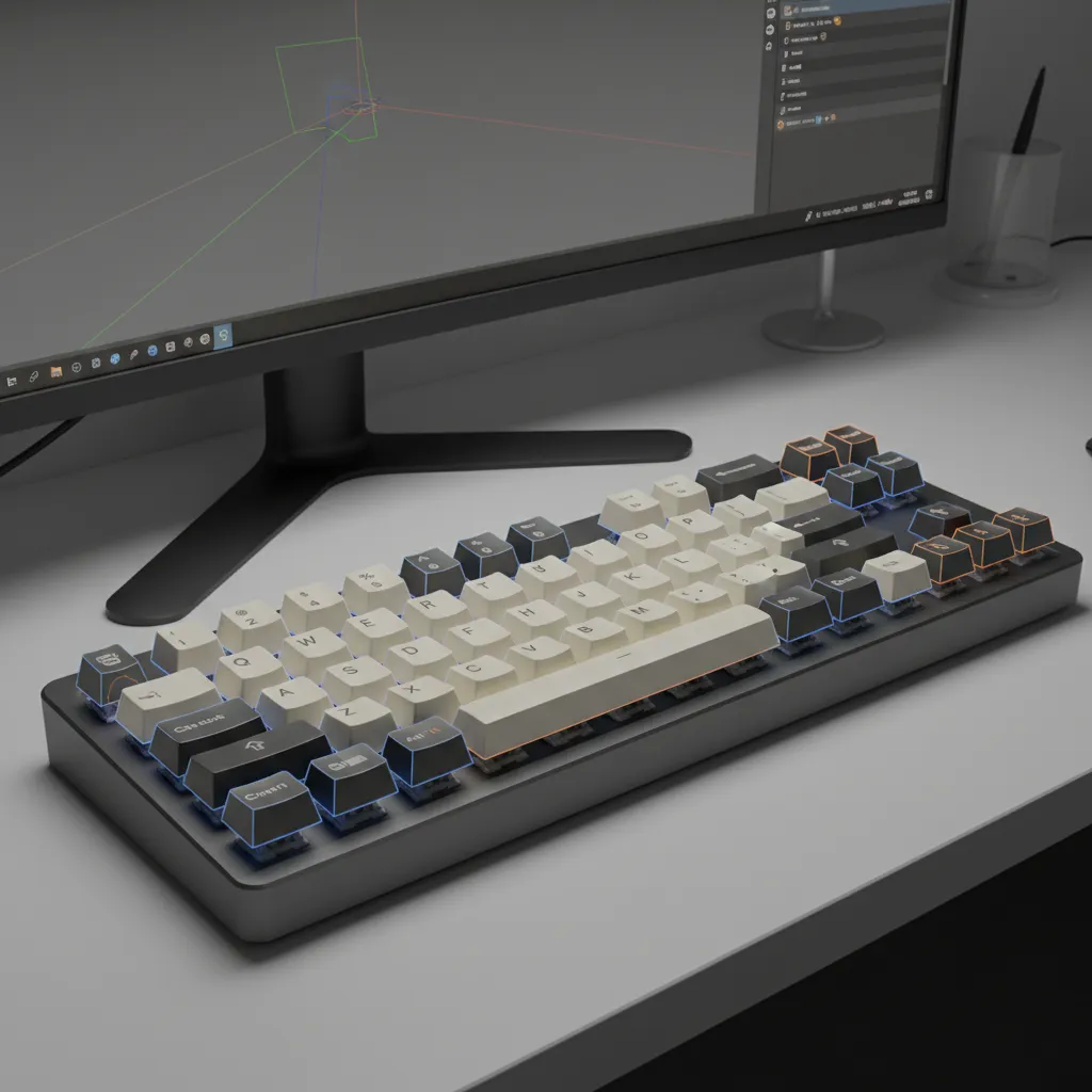 3D scene showing instanced keyboard keycaps repeated across a mechanical keyboard