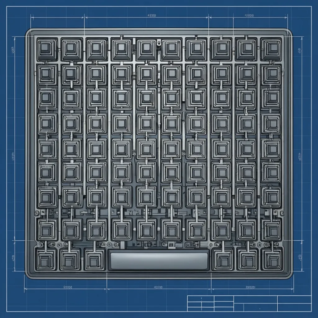 Top view grid layout of mechanical keyboard switches in CAD software