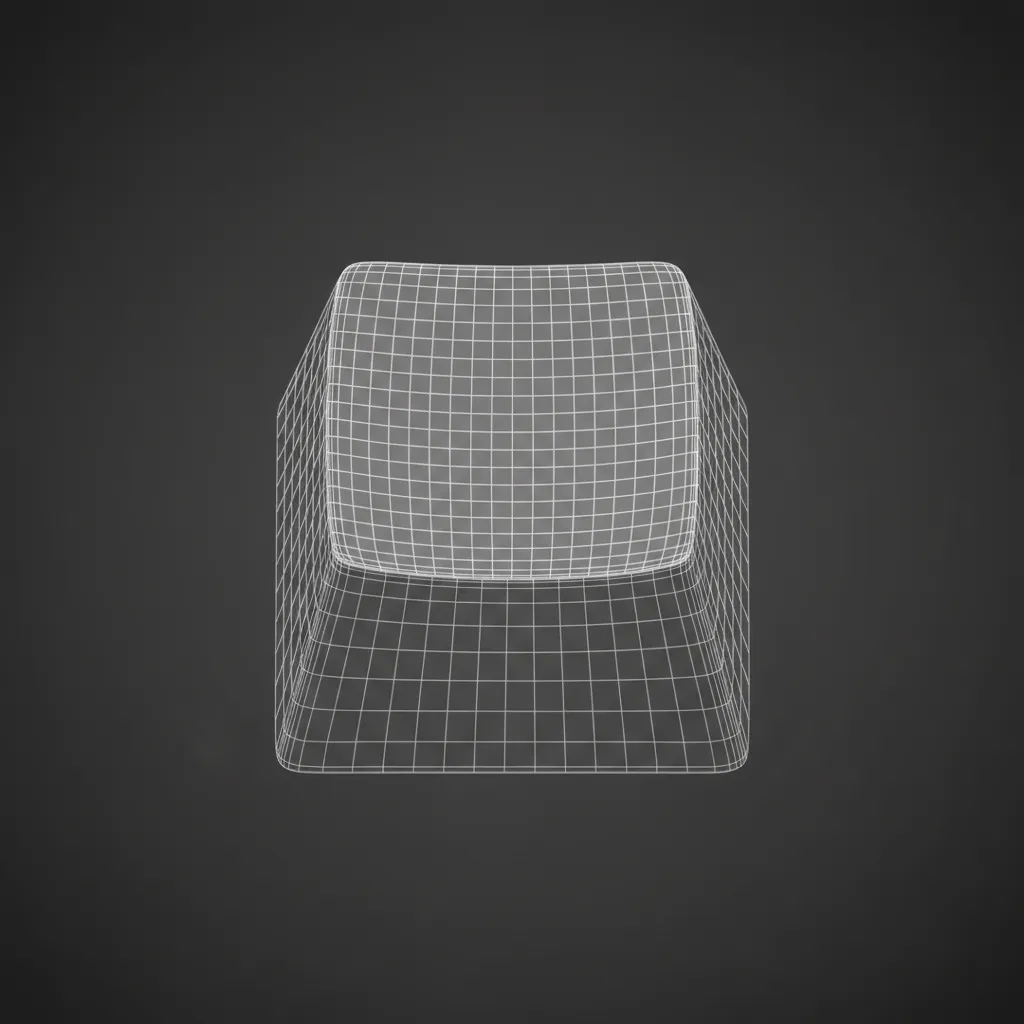 Wireframe topology view of a keyboard keycap mesh showing quad topology