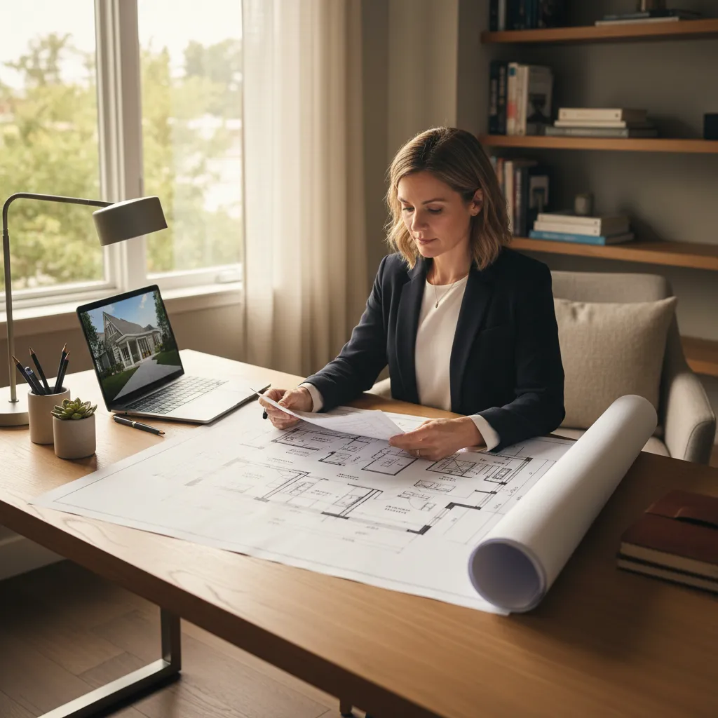 Homeowner reviewing property documents and layout plan for Khata application