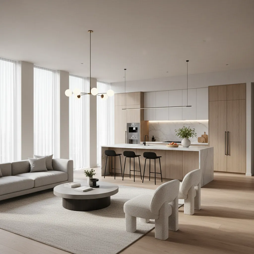 Modern open living room with grey sofa white chairs wood kitchen cabinets and ceiling light