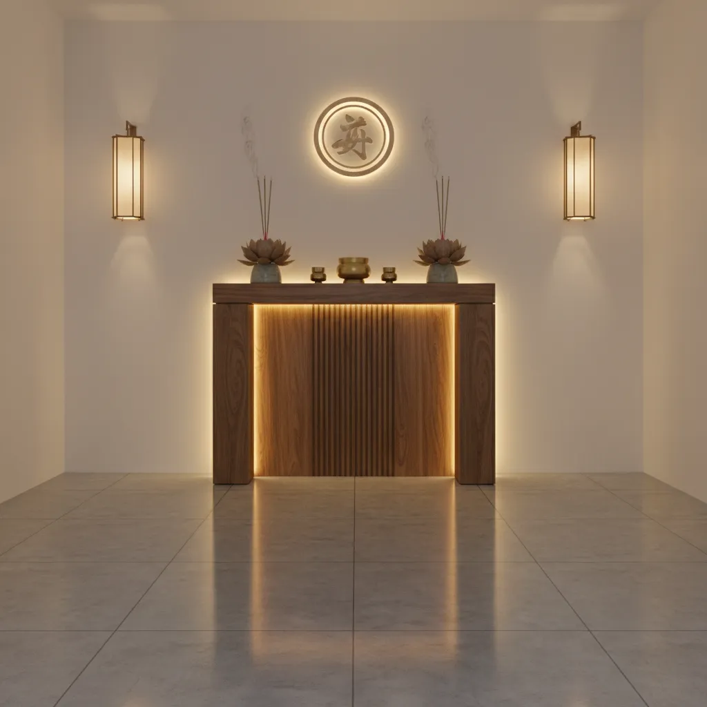 Modern wooden cabinet with warm backlighting wall lights circular wall decor and grey tiled floor