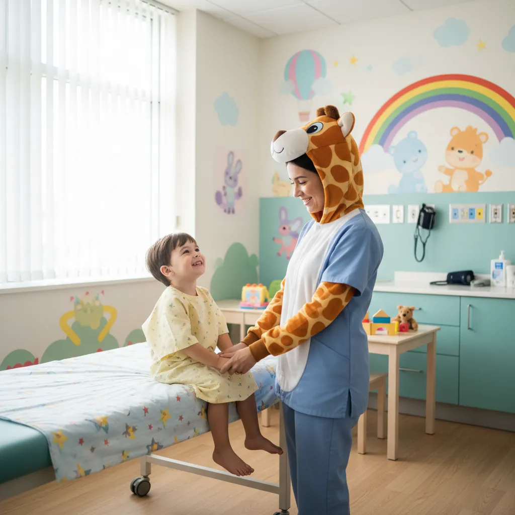 nurse dressed as friendly animal character talking with child patient