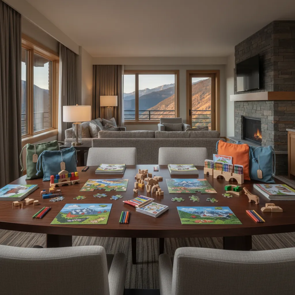 Kids craft activity kit arranged on a hotel room table