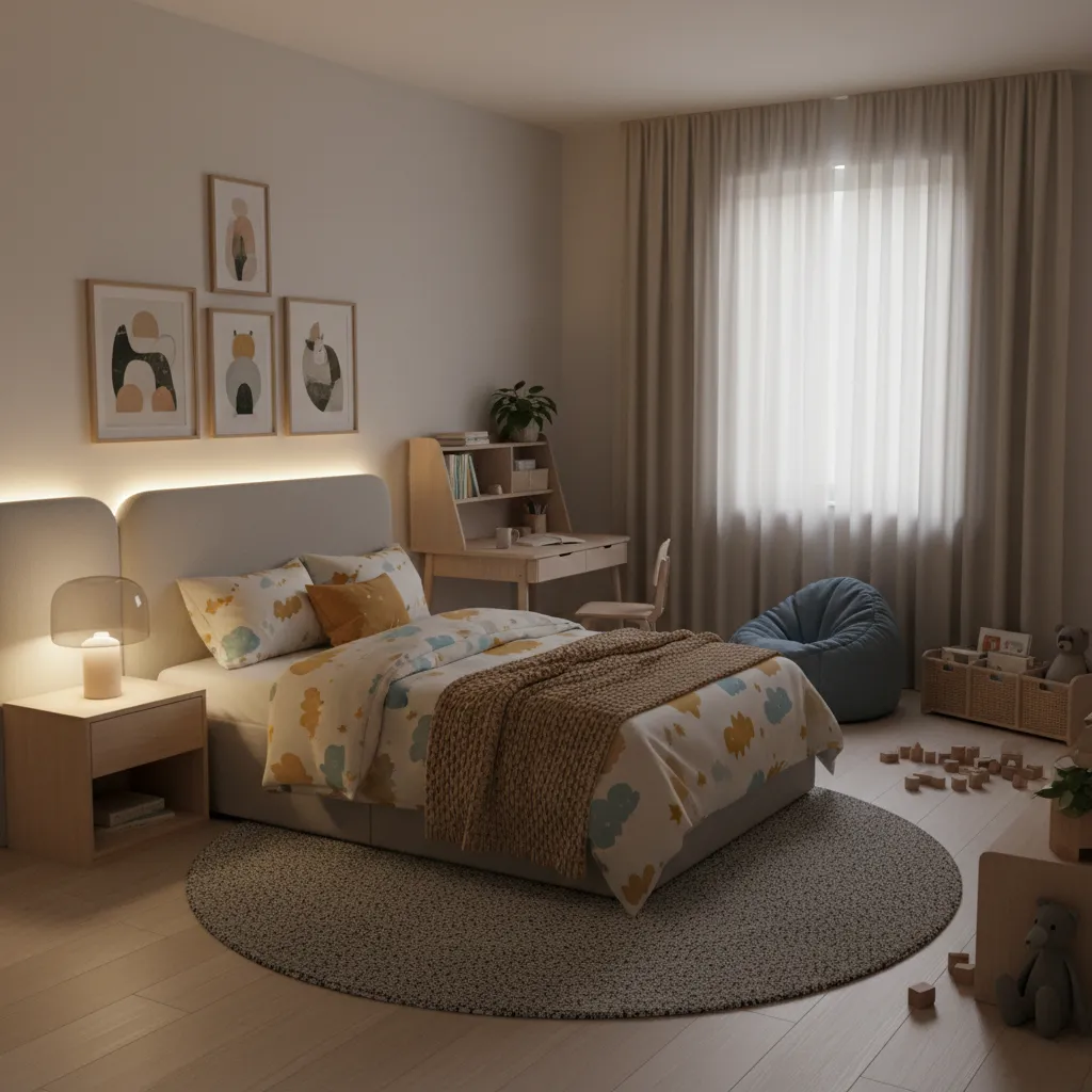 cozy kids bedroom with layered ambient decorative lighting