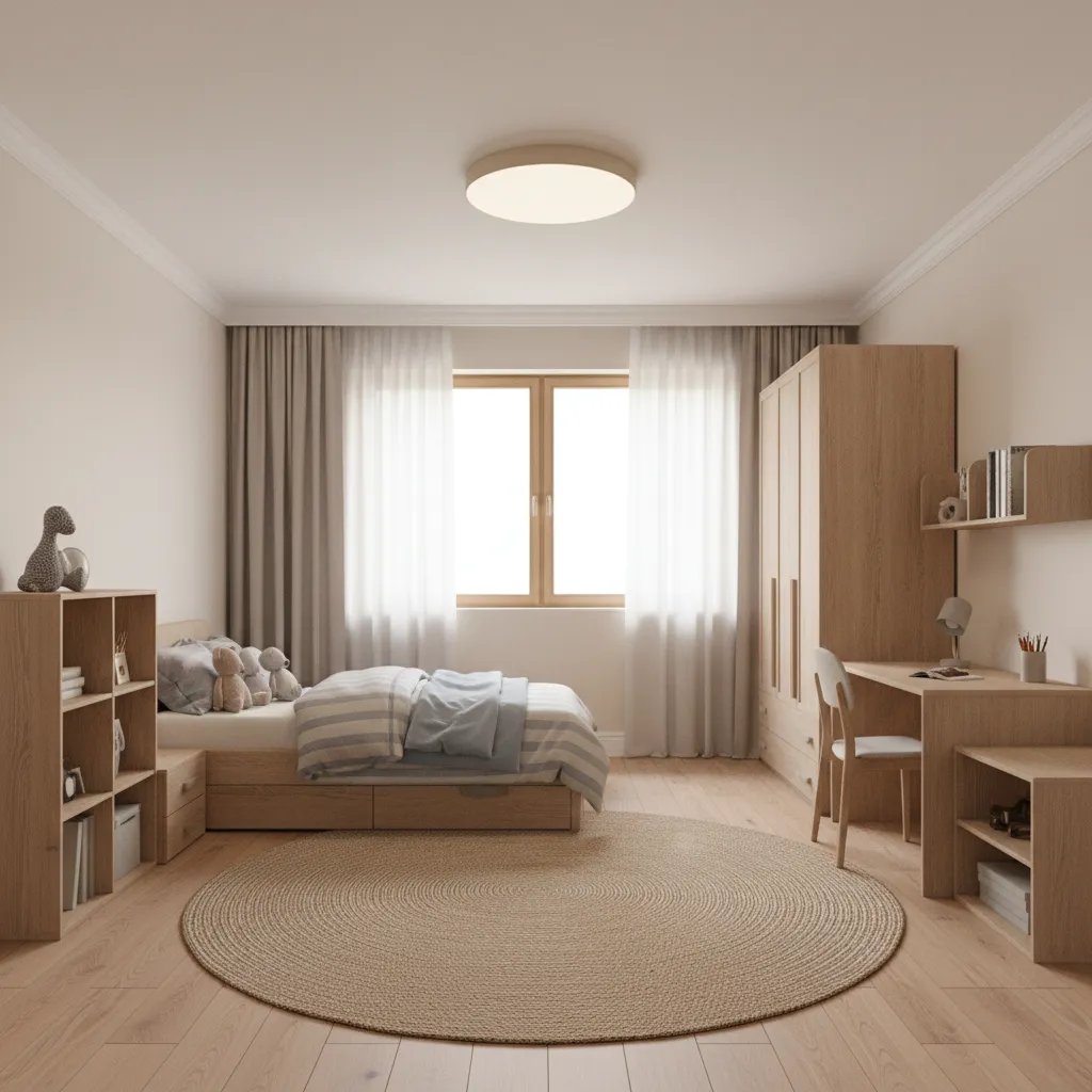 Children bedroom with balanced ambient ceiling lighting and evenly lit space
