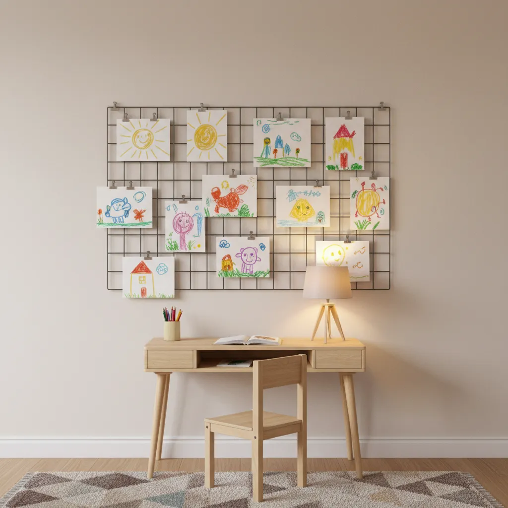 Kids bedroom wall displaying children's drawings and artwork