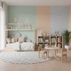 Kids bedroom with house shaped bed frame round rug small table chairs and wooden storage