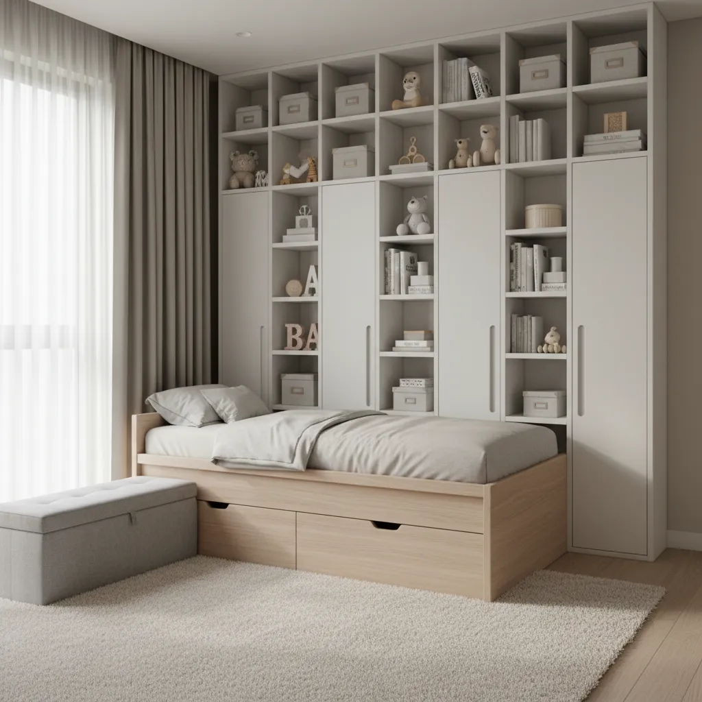 children bedroom with under bed drawers and storage bench