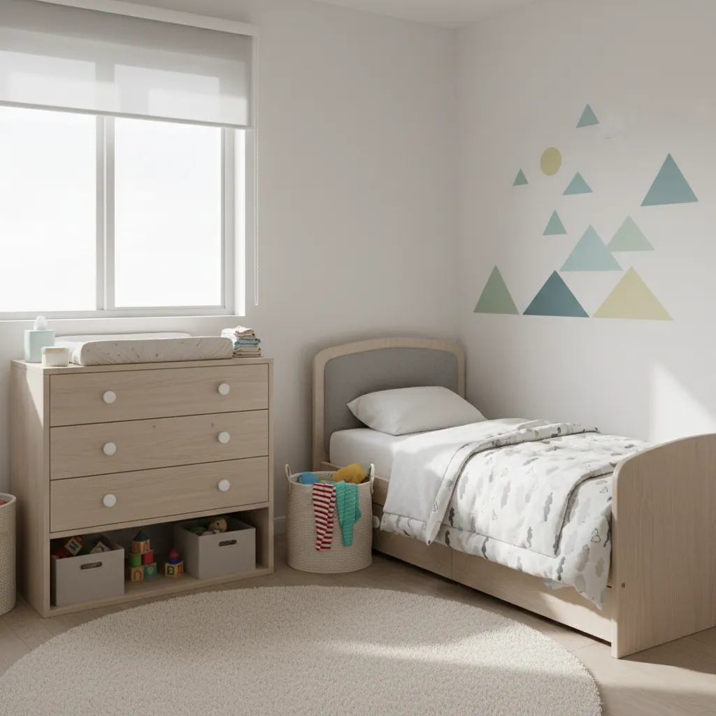 kids bedroom showing laundry basket placed near changing area